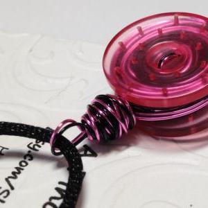 Pink And Black Wire Wrapped Button Corded Necklace