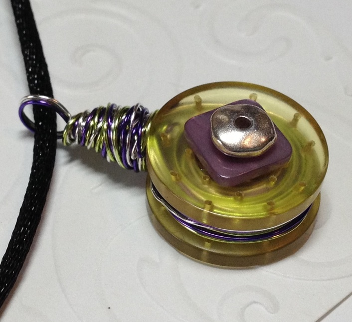 Small Lemon Lime Green And Purple Button Corded Necklace, Wire Wrapped Necklace