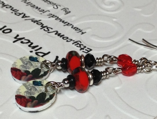 Red And Black Shrink Plastic Earrings, Sterling Silver Earwires